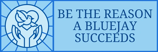 The image features an illustration of a bird being held gently by hands beside the text "Be the reason a bluejay succeeds," all in shades of blue.